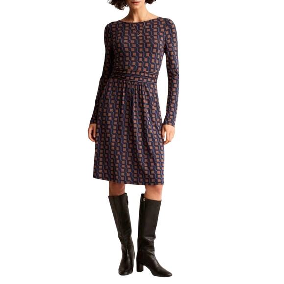 Boden Abigail Long Sleeve Cognac/Navy Geometric print Dress Size 4 R - Picture 1 of 4